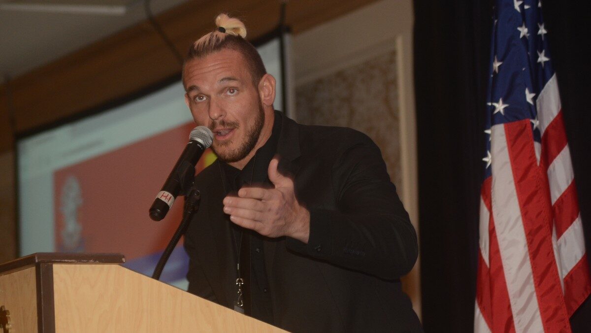 Sam Adonis talks about Rey Mysterio at the Cauliflower Alley Club banquet at the Gold Coast Hotel & Casino in Las Vegas, Nevada, Wednesday, September 15, 2021. Photo by Brad McFarlin