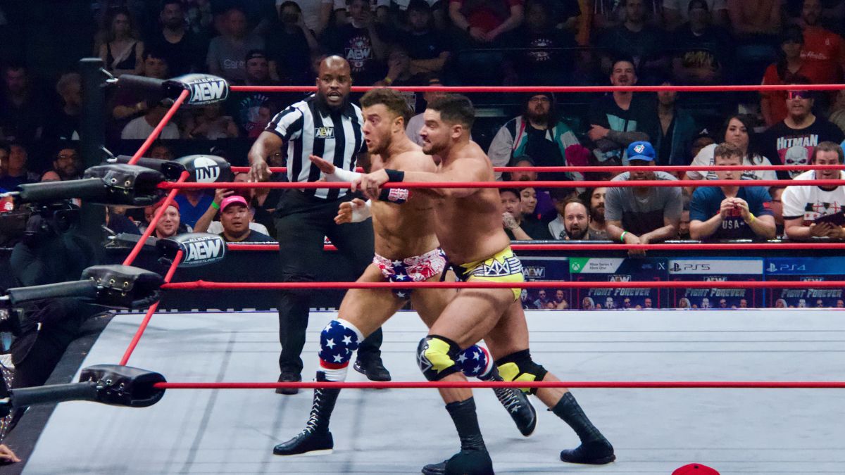 Ethan Page and MJF battle at AEW Collision at the FirstOntario Centre in Hamilton, Ontario, taped on Thursday, June 29, 2023, and airing on Saturday, July 1, 2023. Photo by Steve Argintaru, Twitter: @stevetsn Instagram: @stevetsn