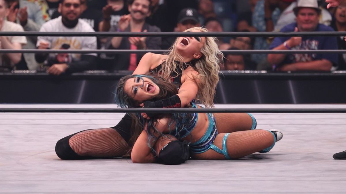 Post-match, Julia Hart continues to hurt Skye Blue at AEW Rampage, taped on Wednesday, September 20, 2023, at Arthur Ashe Stadium in Queens, NY, and aired on Friday, September 22, 2023. Photo by George Tahinos, https://georgetahinos.smugmug.com