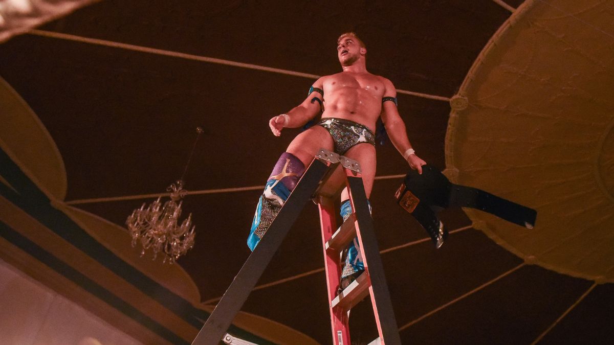 Jack Cartwheel as the new Demand Lucha Premier Champion on December 14, 2023, in Toronto, Ontario, at Parkdale Hall. Photo by Stephen McGill / @steve_mcgill