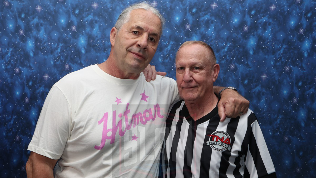 Bret Hart and Earl Hebner at the Legends of the Ring fan fest on Saturday, June 11, 2022, at the Apa Hotel, Iselin, NJ. Photo by George Tahinos, https://georgetahinos.smugmug.com