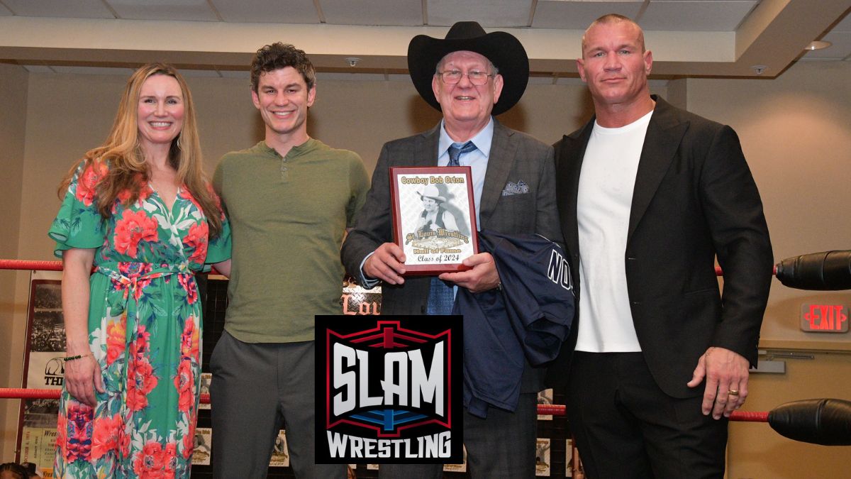 Cowboy Bob Orton with his three children, Becky, Nate and Randy, at the St. Louis Wrestling Hall of Fame induction at the SICW Fan Fest II at the Aviator Hotel in St. Louis, on Saturday, May 18, 2024. Photo by Scott Romer
