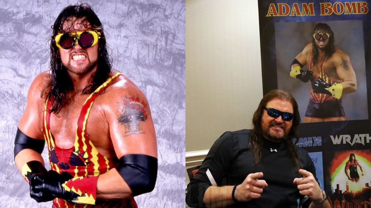 Left, Bryan Clark as Adam Bomb; right, Bryan Clark at The Wrestling Classic on Sunday October 24, 2021 in Windsor Locks, CT. Photo by Christine Coons, www.coonsphotography.com