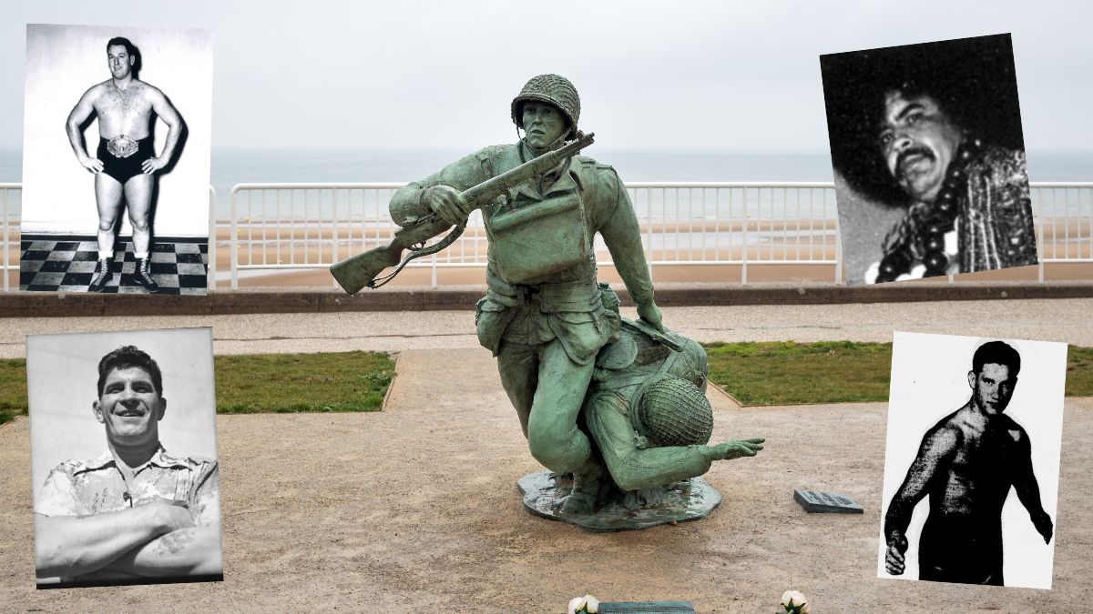 A memorial statue at Omaha Beach is flanked by, clockwise from top left, Dave Sims, Bill Olivas, Bobby Coleman and Jack Gacek.