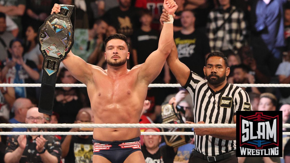 New NXT champion Ethan Page and referee Darryl Sharma at NXT Heatwave on Sunday, July 7, 2024, at Scotiabank Arena in Toronto. Photo by Steve Argintaru, Twitter/IG: @stevetsn
