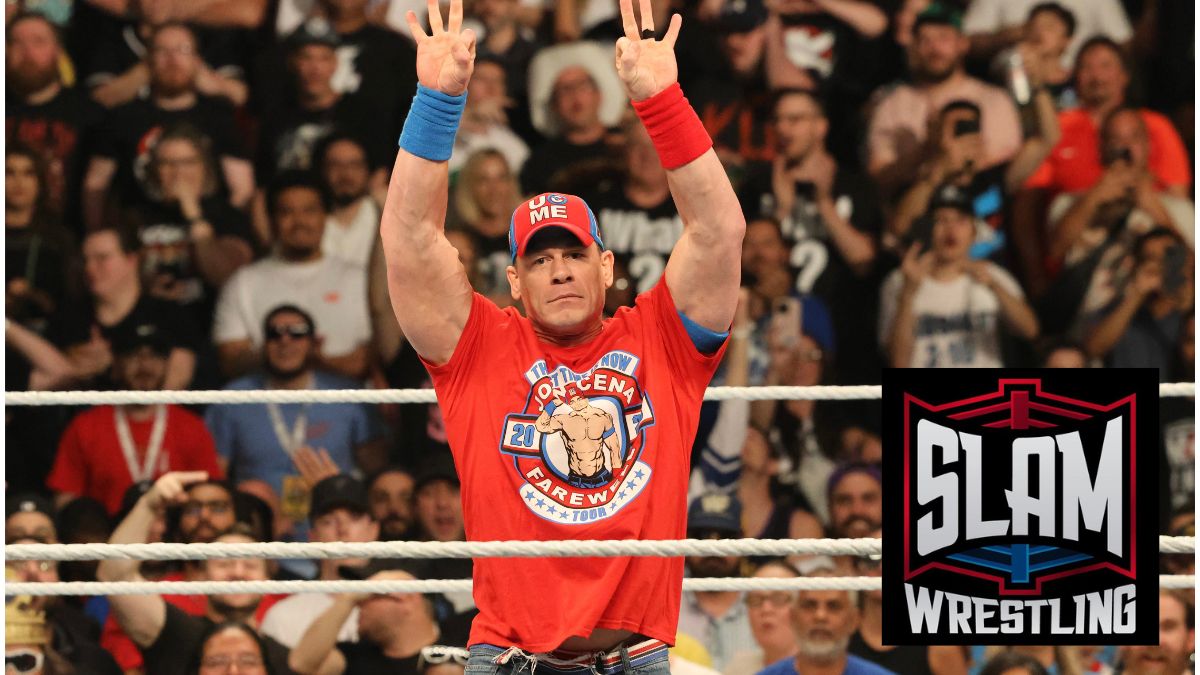John Cena does his signature pose in the ring at the Money in the Bank PLE on Saturday, July 6, 2024, at Scotiabank Arena in Toronto. Photo by Steve Argintaru, Twitter/IG: @stevetsn