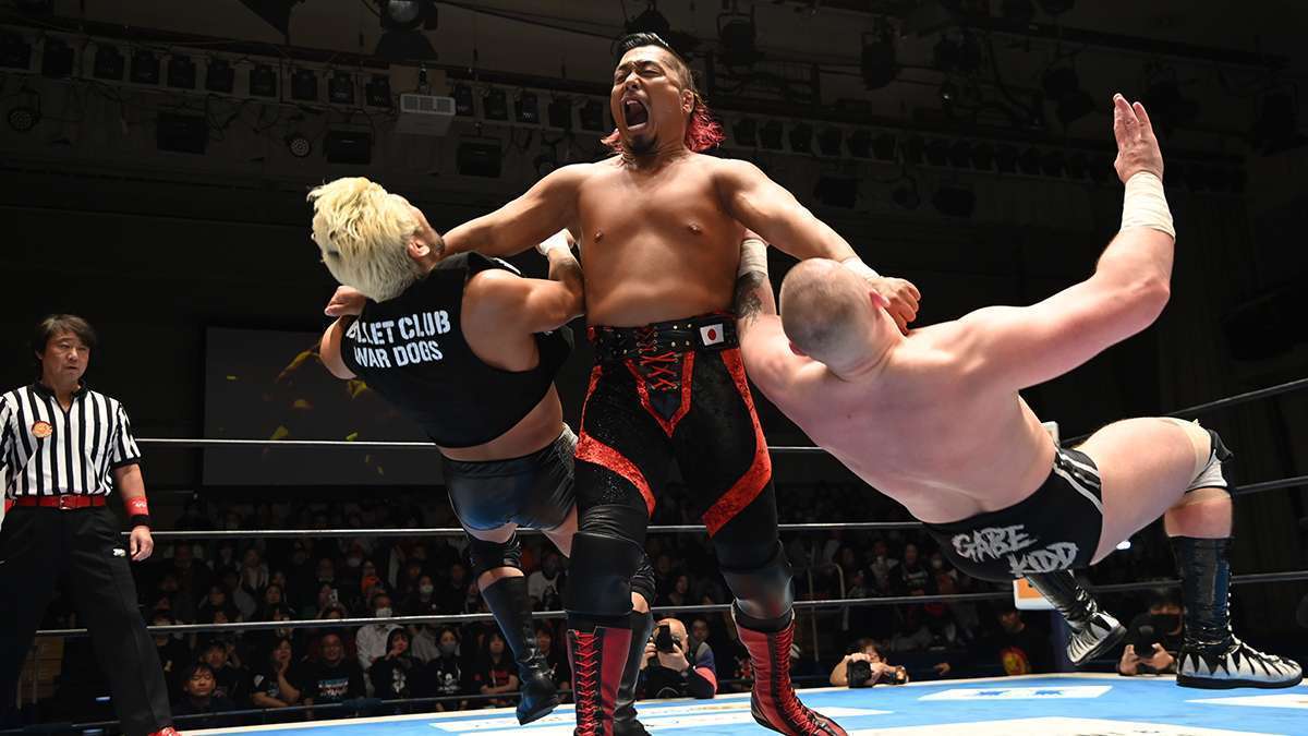 Shingo Takagi mows down The War Dogs. Courtesy: NJPW.