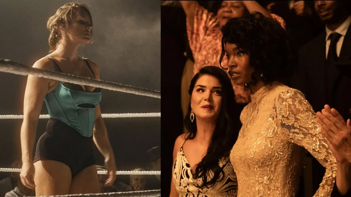 Left: Kailey Farmer -- AEW's Kamille Brickhouse -- as June Byers; right: Marie Avgeropoulos as Elvira Snodgrass, and Damaris Lewis as Babs Wingo.