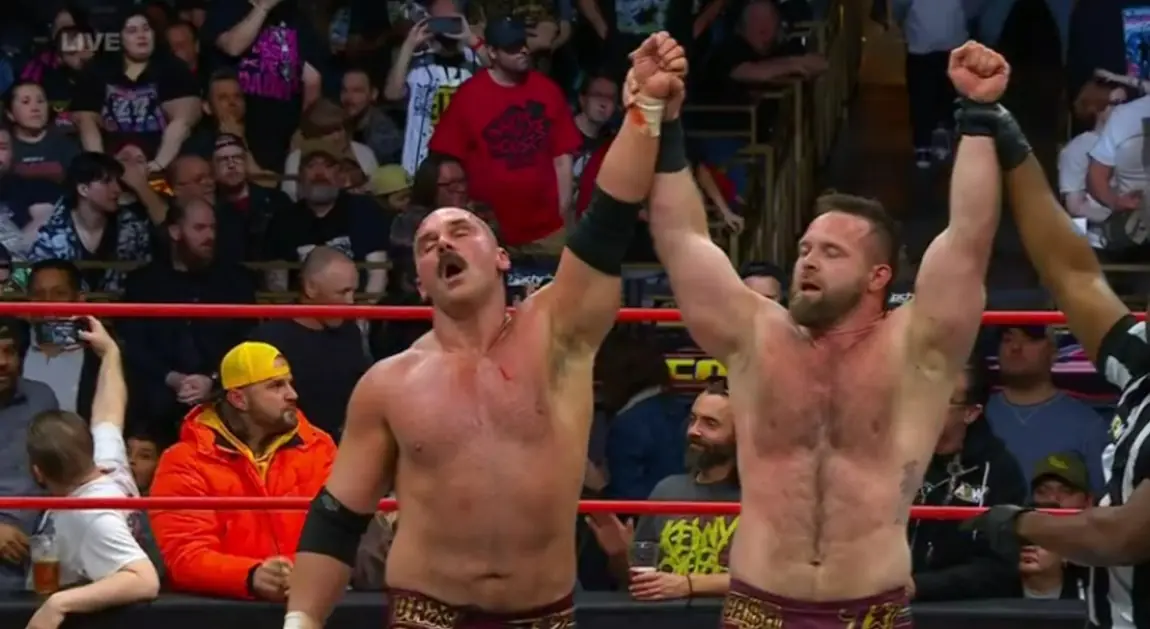 FTR celebrate after winning the main event on the March 15, 2025 episode of AEW Collision.