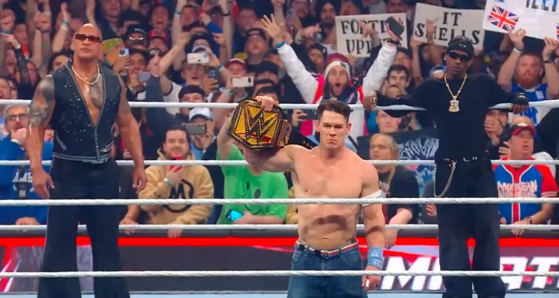 The Rock, John Cena and Travis Scott at the 2025 WWE Elimination Chamber. WWE photo