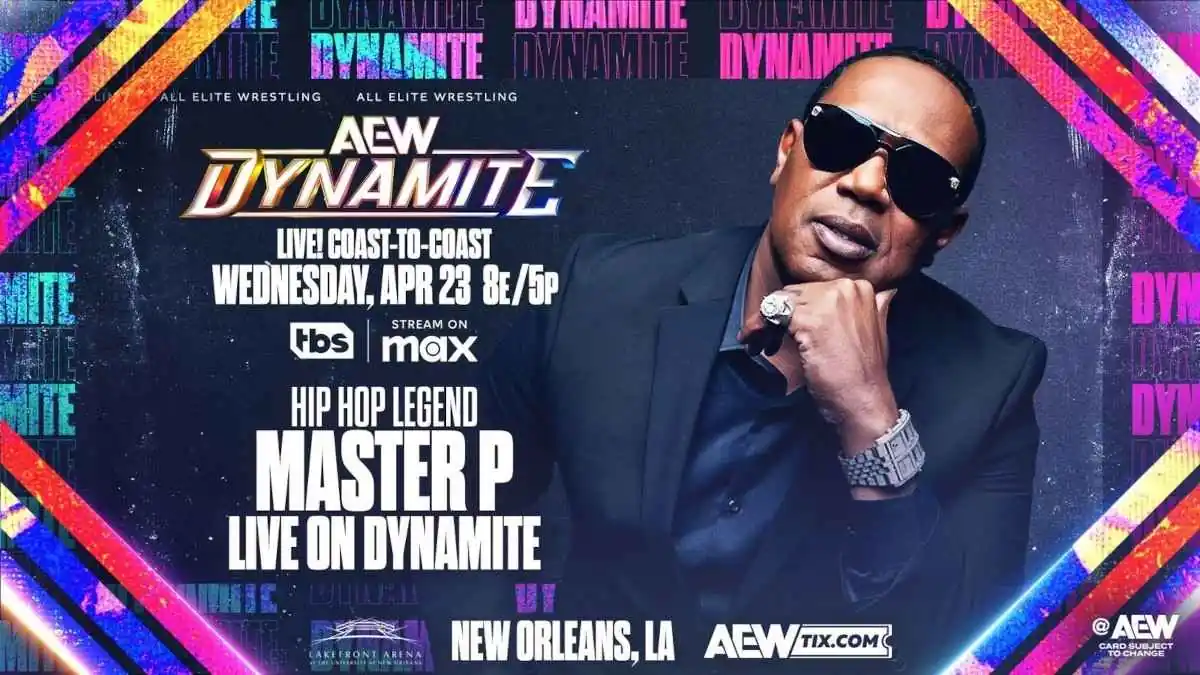 AEW promo poster for the Wendesday, April 23, 2025 episode of Dynamite in NOLA with Master P featured.