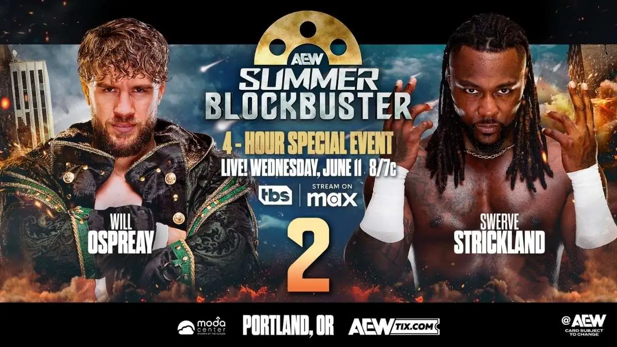 Promo poster for the second AEW encounter between Swerve Strickland and Will Ospreay in Portland, OR on June 11, 2025.