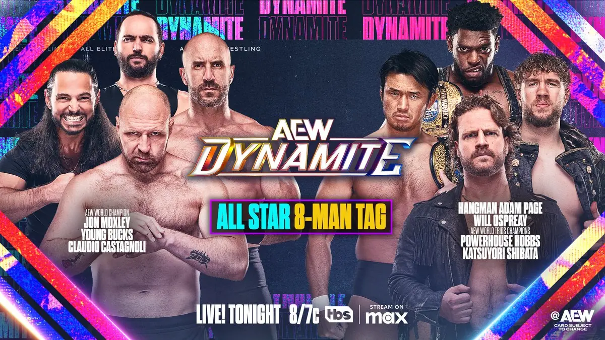 Poster for an 8-man tag match on AEW Dynamite. July 25, 2025 in Garland, TX.
