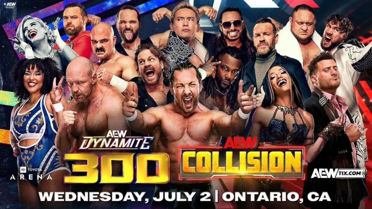 Promo poster for AEW Dynamite 300. Wednesday, July 2nd, 2025 from Ontario, CA.