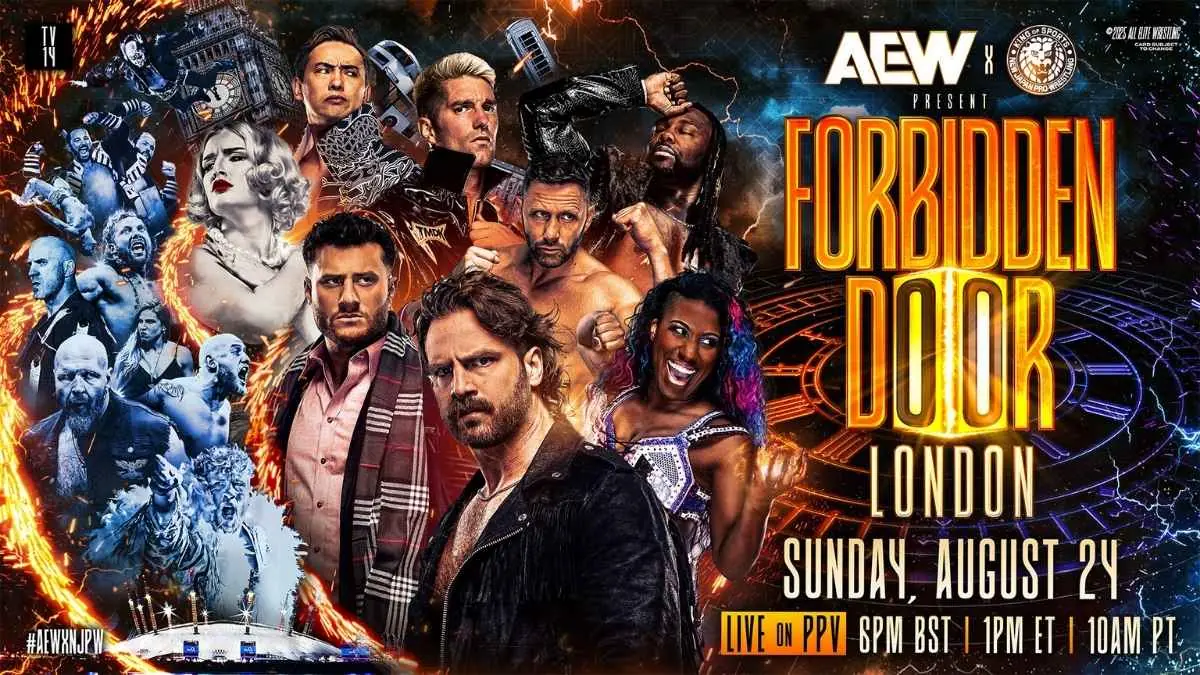 Promo poster for AEWxNJPW Forbidden Door at the O2 in London, England on Sunday, August 24th, 2025.