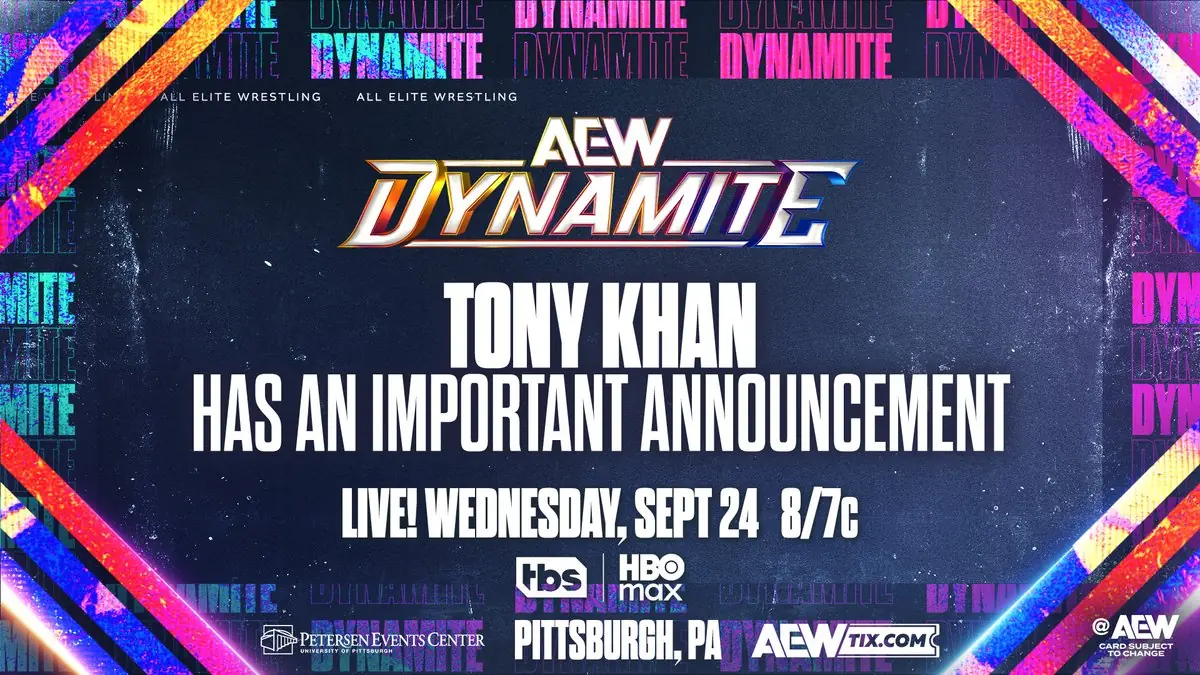 Promo poster for AEW Dynamite Sept. 24, 2025. Tony Khan has an important announcement!
