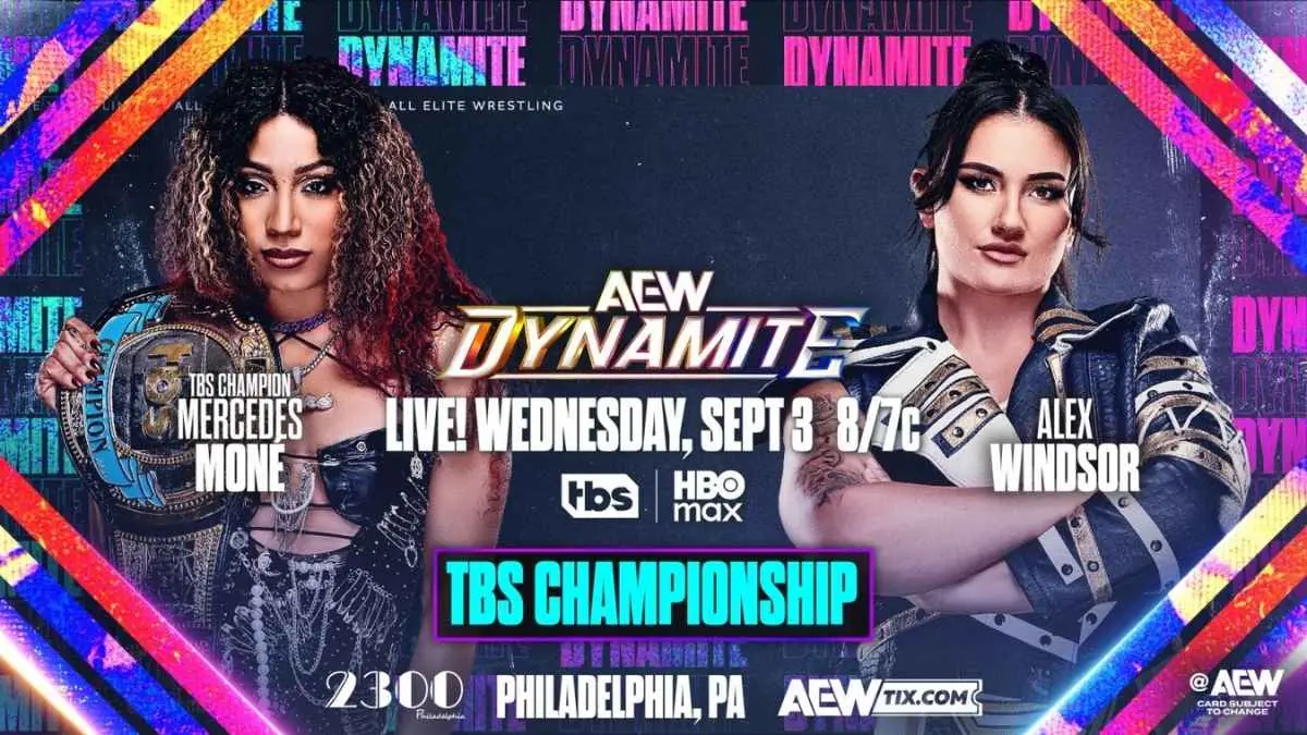 Promo poster for AEW Dynamite on Wednesday, Sept. 3rd, 2025. TBS Championship Match between Mercedes Mone and Alex Windsor. Photo by AEW.