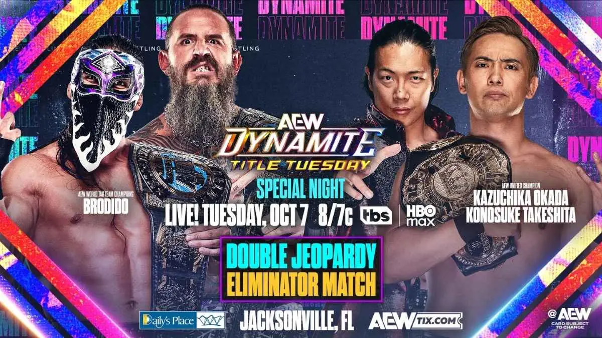 Promo poster for All Elite Wrestling Dynamite: Title Tuesday, Oct. 7, 2025. Dynamite Homecoming from Daily's Place in Jacksonville, FL.