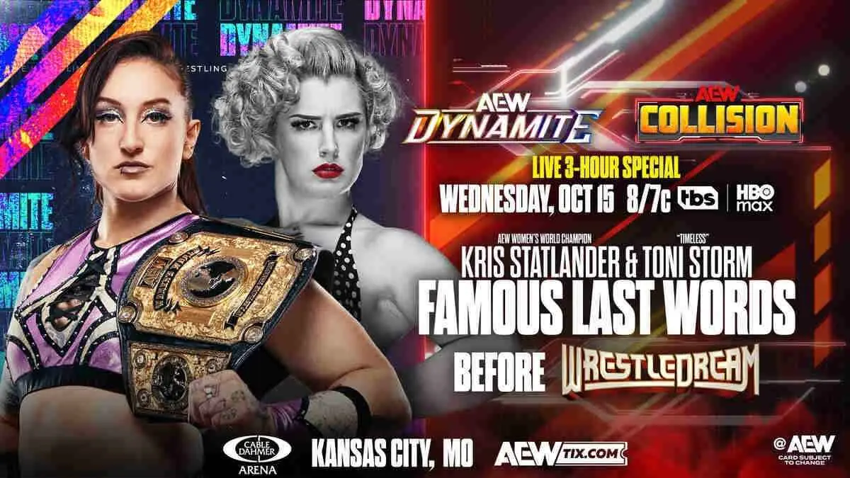 Promo poster for Kris Statlander and Toni Storm AEW Dynamite (before WrestleDream) Wednesday, Oct. 15, 2025 in Kansas City, MO.