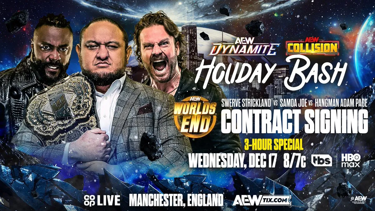 Promo poster for AEW Dynamite Holiday Bash Dec. 17, 2025 in Manchester, England.