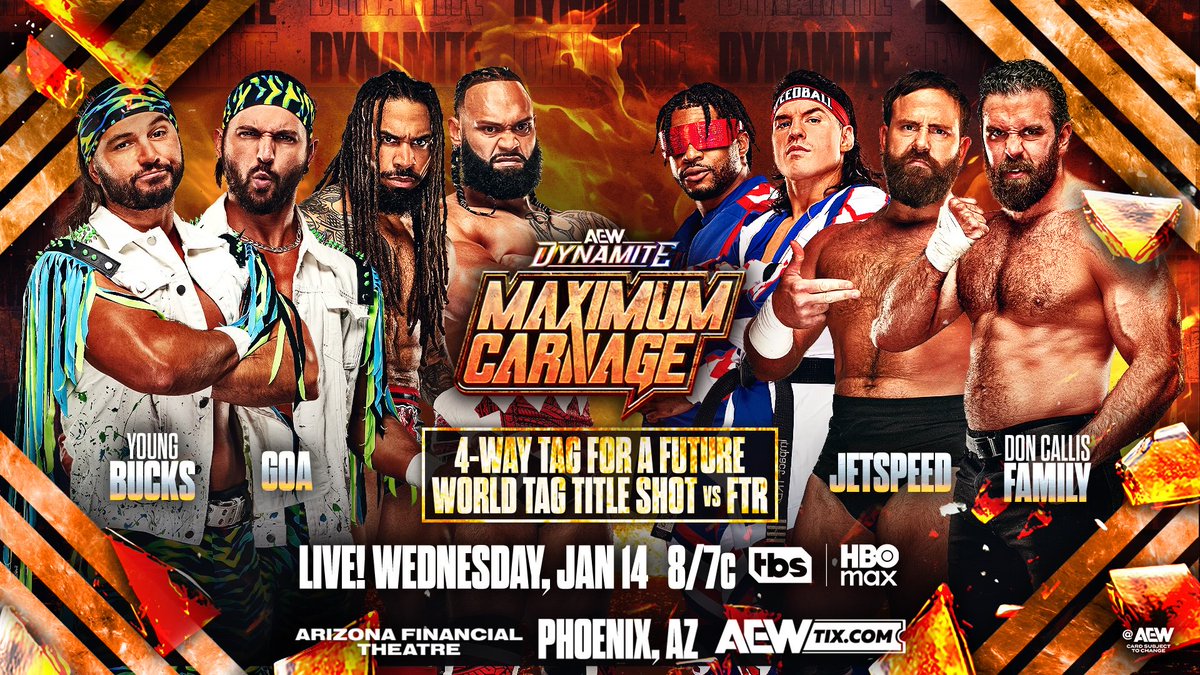 Promo poster for four-way tag match at AEW Dynamite Maximum Carnage. January 14, 2026 in Phoenix, AZ.